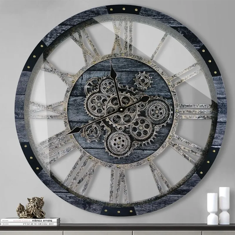 36 Inch Moving Gear Wall Clock, Oversized Wall Clocks, Clock Living Room Decor, Solid Wood Frame, Battery Operated, Large(Gray)