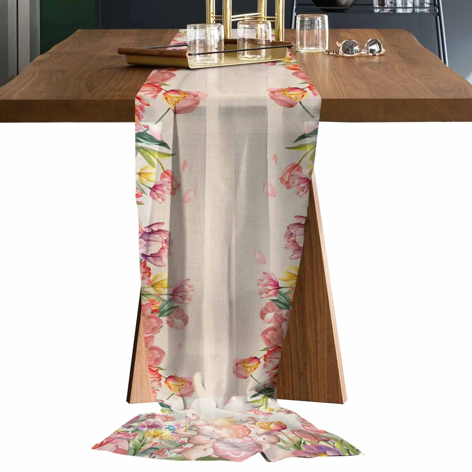 

Easter Tulips Rabbit Watercolor Tulle Table Runner Wedding Decor Chiffon Table Runner Holiday Dinner Table Decoration