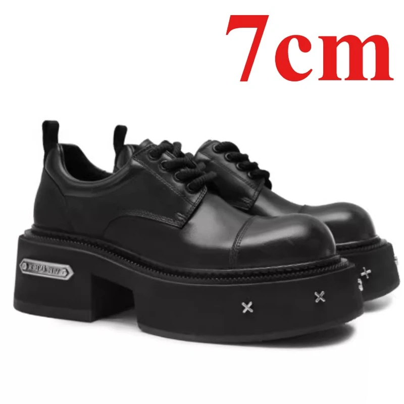 

High-quality Handmade Derby Shoes for Men's 7cm Thick Soled Genuine Leather Comfortable Breathable Metal Design Heightening Shoe