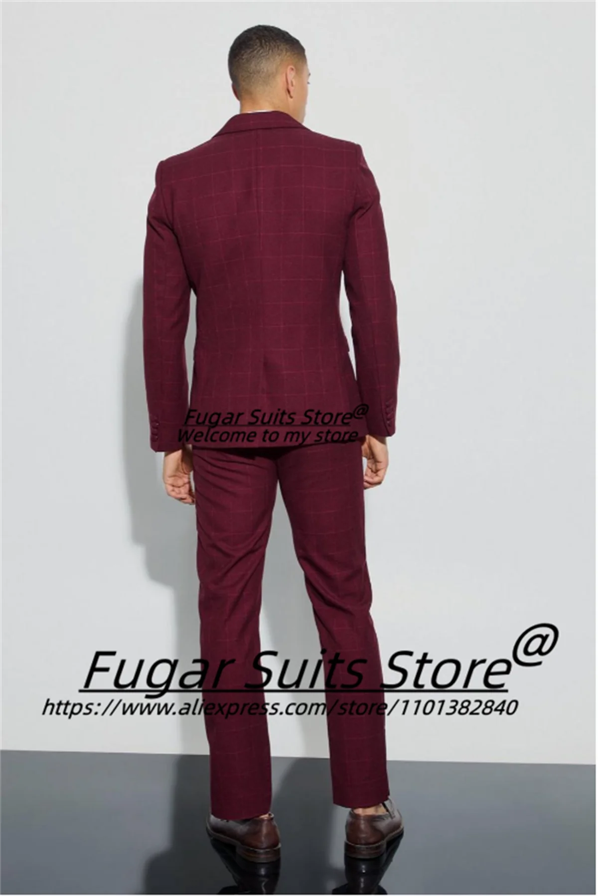 Fashion Wine Red Plaid Business Men Suits Slim Fit Double Breasted Groom Tuxedos 2 Pcs Sets Office Work Male Blazers Ropa Hombre