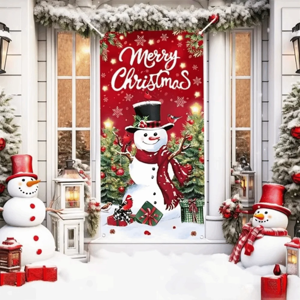 Santa Claus Pattern Christmas 2D Door Banner Perforated Strap Fastening Hanging Christmas Door Cover Rectangular Polyester