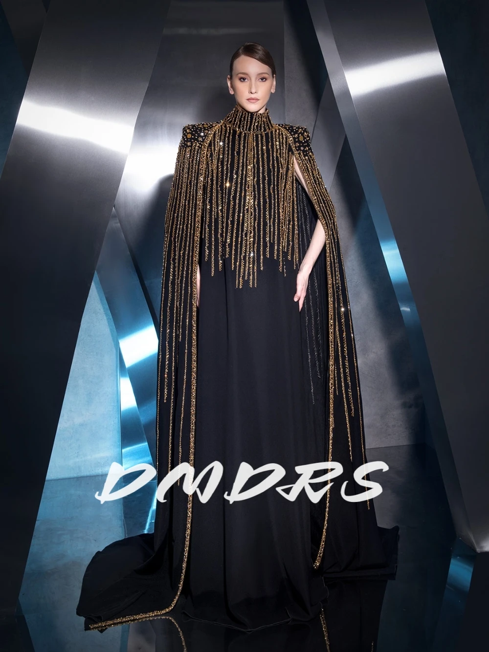 

Kaftan Golden Beads Couture-Inspired Evening Dress Abaya 2-pieces A Line Black Dainty High Neckline Women Prom Gown Customized