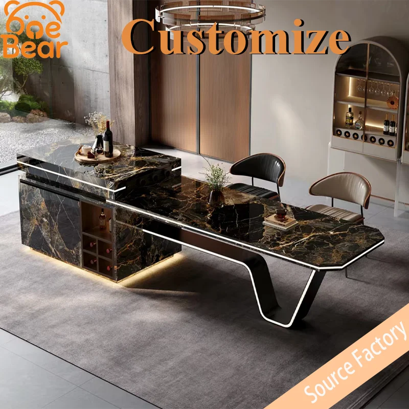 Luxury Slab Rock-Plated Dragon-Shaped Island Counter, Multi-Functional Open Kitchen Bar with Wine Cabinet and Storage.