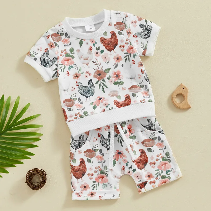 

Toddler Girls Summer Shorts Sets Short Sleeve Floral Chick Print Tops Drawstring Shorts Sets