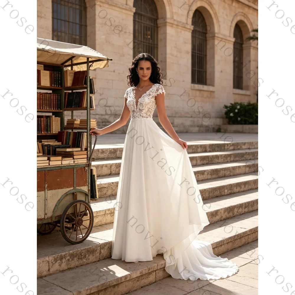 Customized Elegant Bohemian Lace Short Sleeve Wedding Dress 2026 V Neck Chiffon A-line Bridal Gown Suitable for Beach Gardens