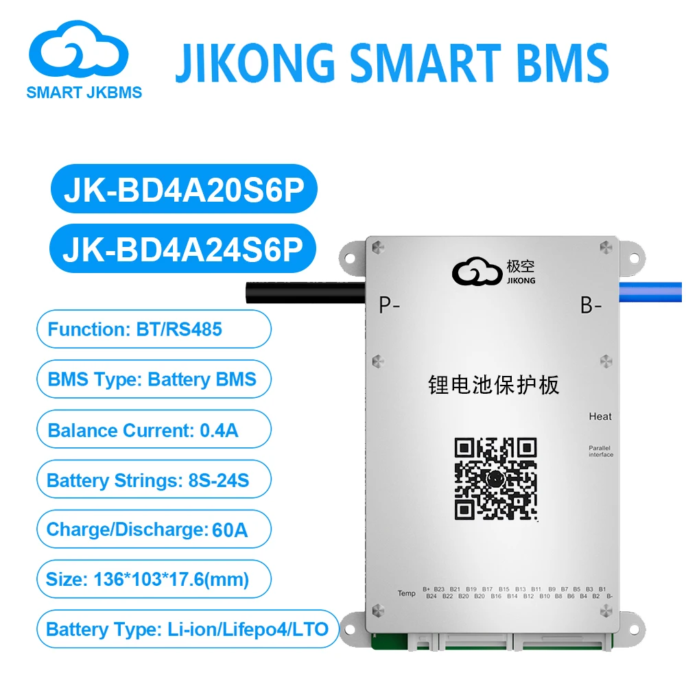 

JK BMS 8S-24S Smart BMS BD4A20S6P BD4A24S6P With RS485 BT APP 12V-24V 0.4A Active Balance BMS for LiFePo4 Li-ion Lto Battery 60A