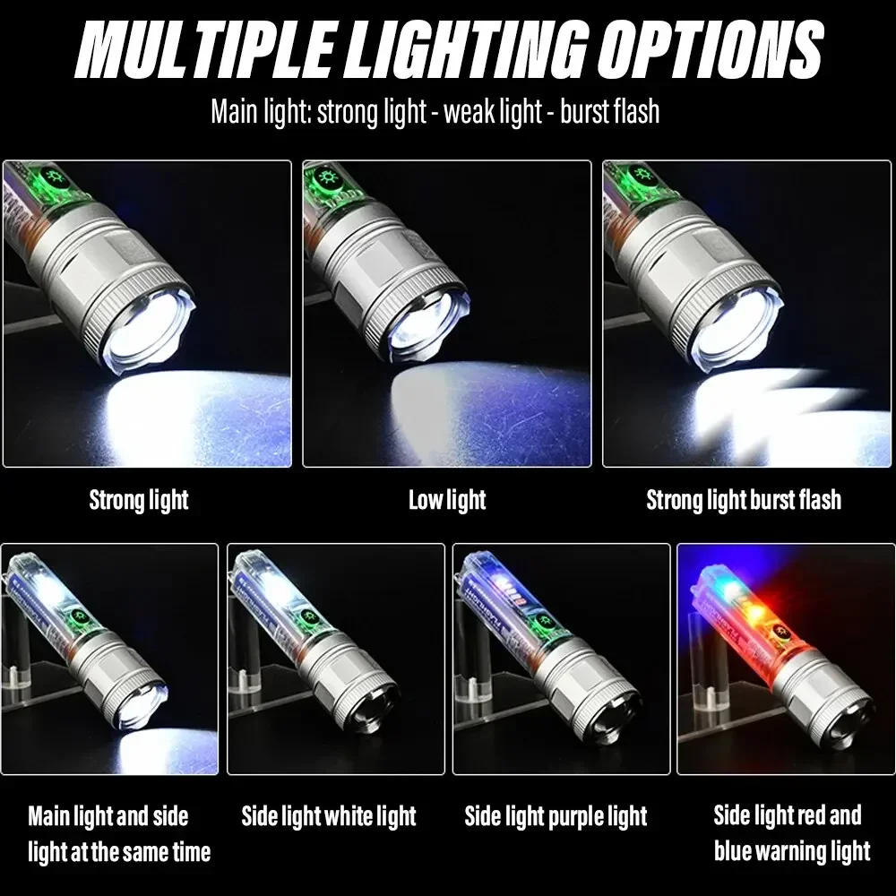 Super Bright LED Flashlight with White Laser Beads and Red and Blue Side Lights, Support Solar Charging