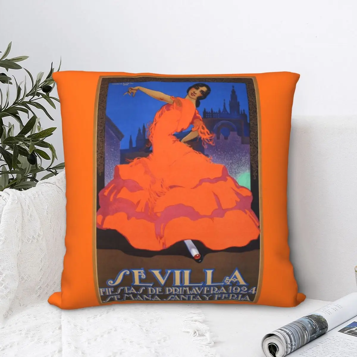 Seville Vintage Poster, Fiesta Square Pillowcase Polyester Pillow Cover Velvet Cushion Zip Decorative Comfort Throw Pillow home