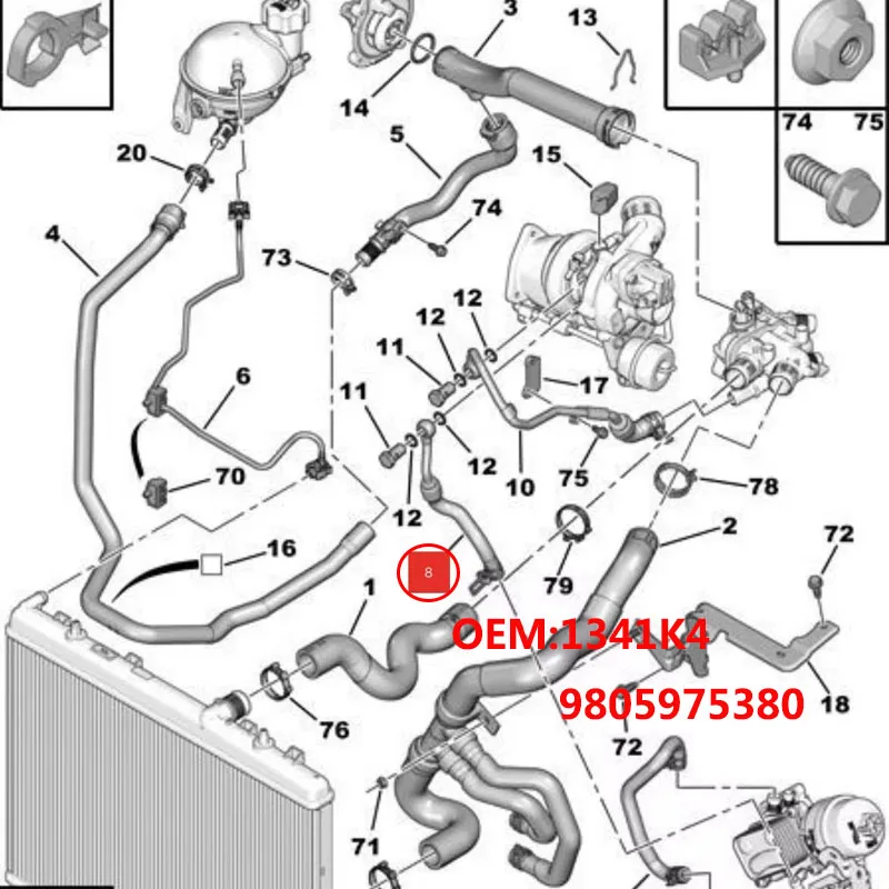 1341K4 9805975380 For Peugeot3008 308 408 RCZ 508CitroenC4 PICASSO C5 DS engine water pipe,joint turbocharger cooling water pipe