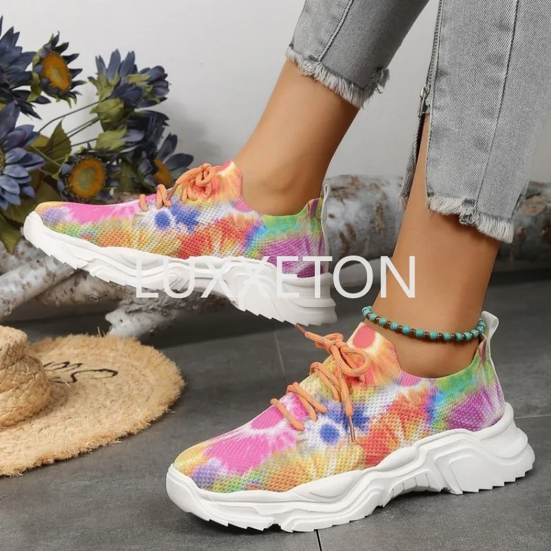 European and American New Knitted Mesh Breathable Single Shoes Round Toe Low Cut Colorful Casual Fashion Women's Mesh Shoes