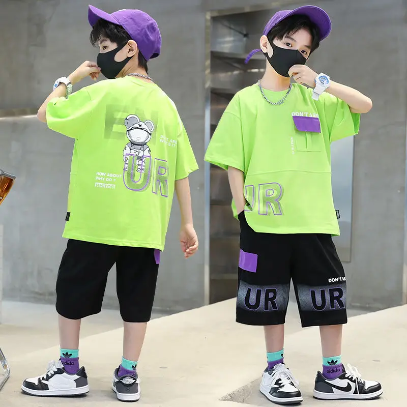 

Boys Sports Suit Summer Teen Short Sleeve T-shirt + Cargo Pants Chilld Cotton Sportwear 2piece Set Costumes for Kids Boy 5-14Yrs