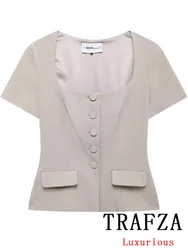 TRAFZA Vintage Chic Women Blazer Solid Single Breasted Square Collar Short Sleeve Blazer Fashion 2024 Autumn Office Lady Blazer