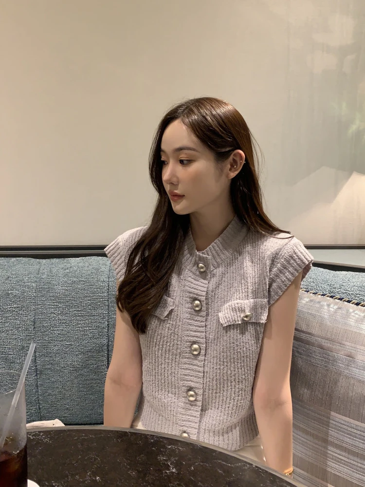 Chic été 2024 tricoté ort Sve femmes mince ouvert Cardigan rond Ne simple bouton Svel haut coréen Sle Slim Fit