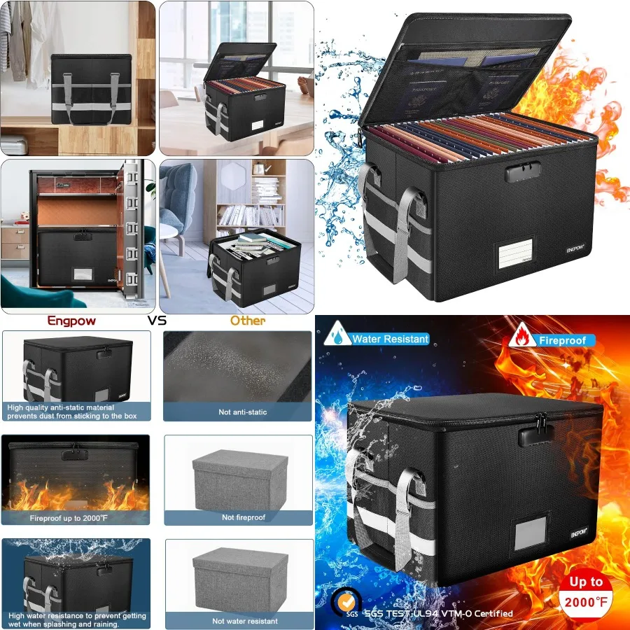 

ENGPOW Огнестойкий ящик для документов с замком и органайзером на молнии для домашнего офиса Складной шкаф для документов с карманами и