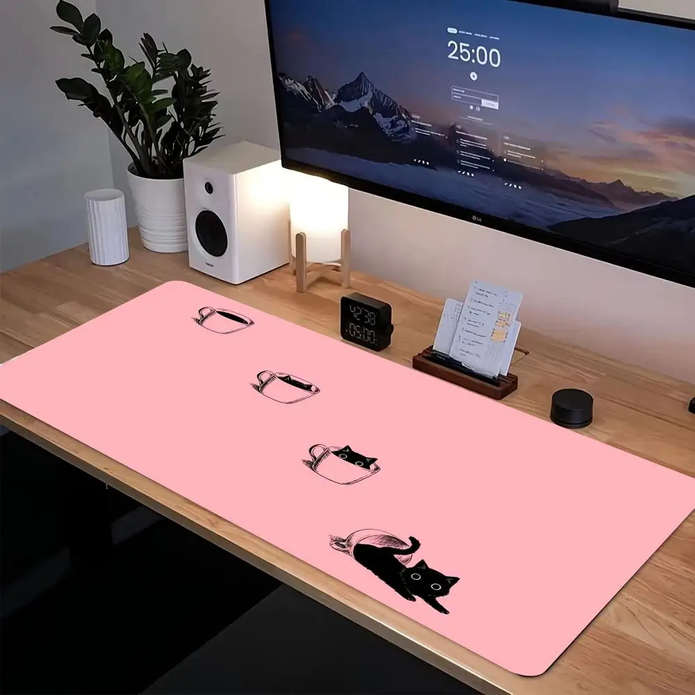 Pink Cat Coffee Cup Extra Large Mouse Pad, Cute Cartoon Desk Mat, Non-Slip Edge-Locked Gaming Mousepad