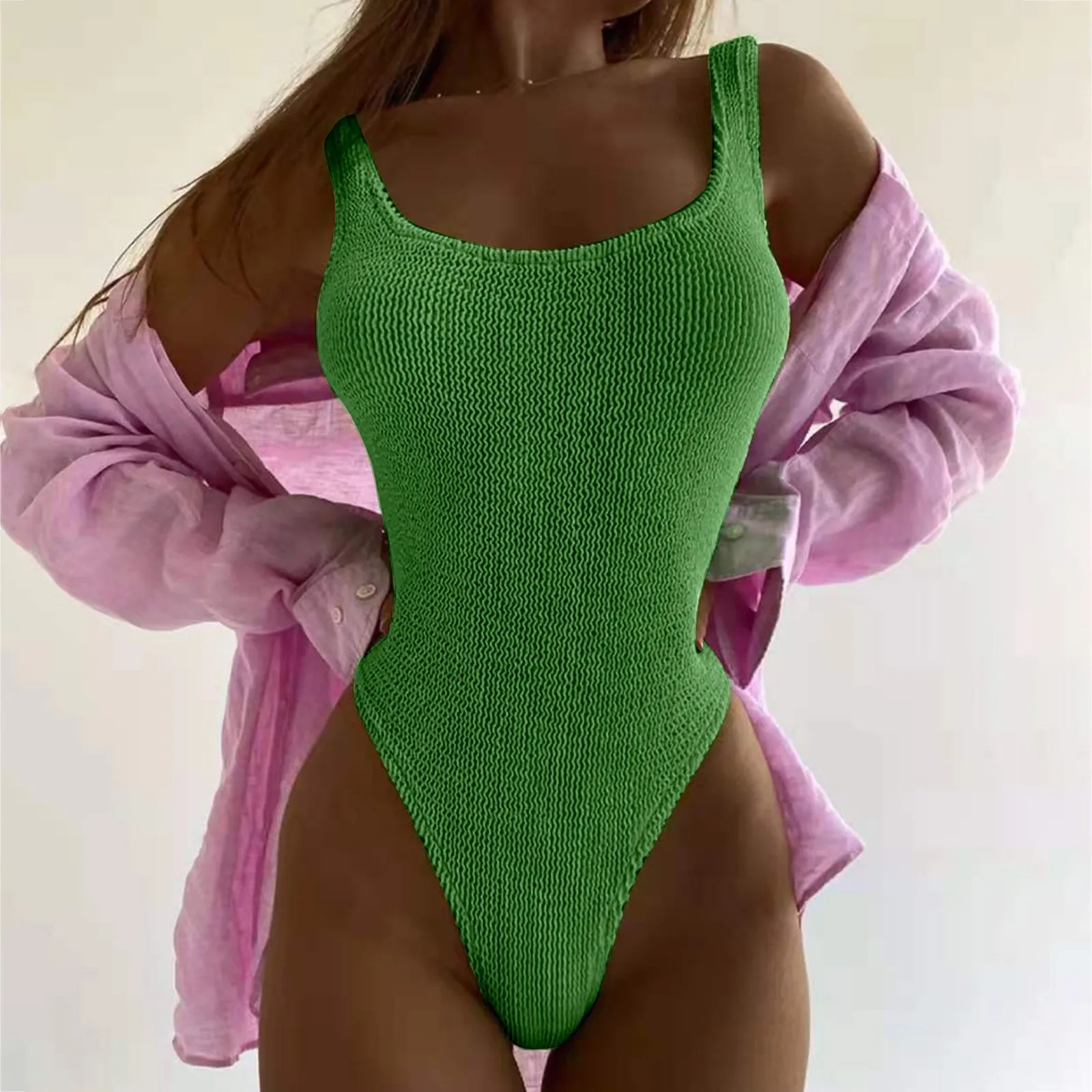 Summer One Piece Swimsuit for Women 2024 New Ribbed Monokini Swimwear Solid Bathing Suit Beach Outfits Female Swim Wear Swimsuit