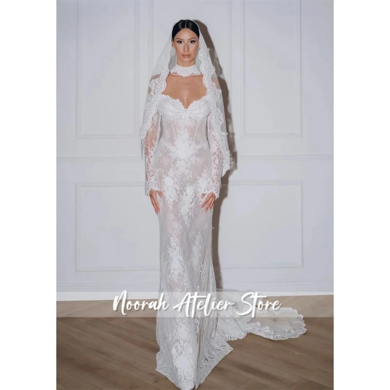 

Customized White Floral Lace Wedding Dress Off Shoulder Long Sleeves vestidos de noiva Exquisite Mermaid Evening Dresses