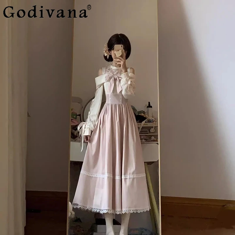 

Gentle Off Shoulder Lolita Dress for Ladies Autumn Pink Bow Tie Lace Waist Dress Women's Japanese Style Sweet Cute Long Dress