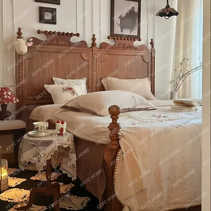 XX L retro solid wood carving flower bed bedroom Roman column rustic superior double bed