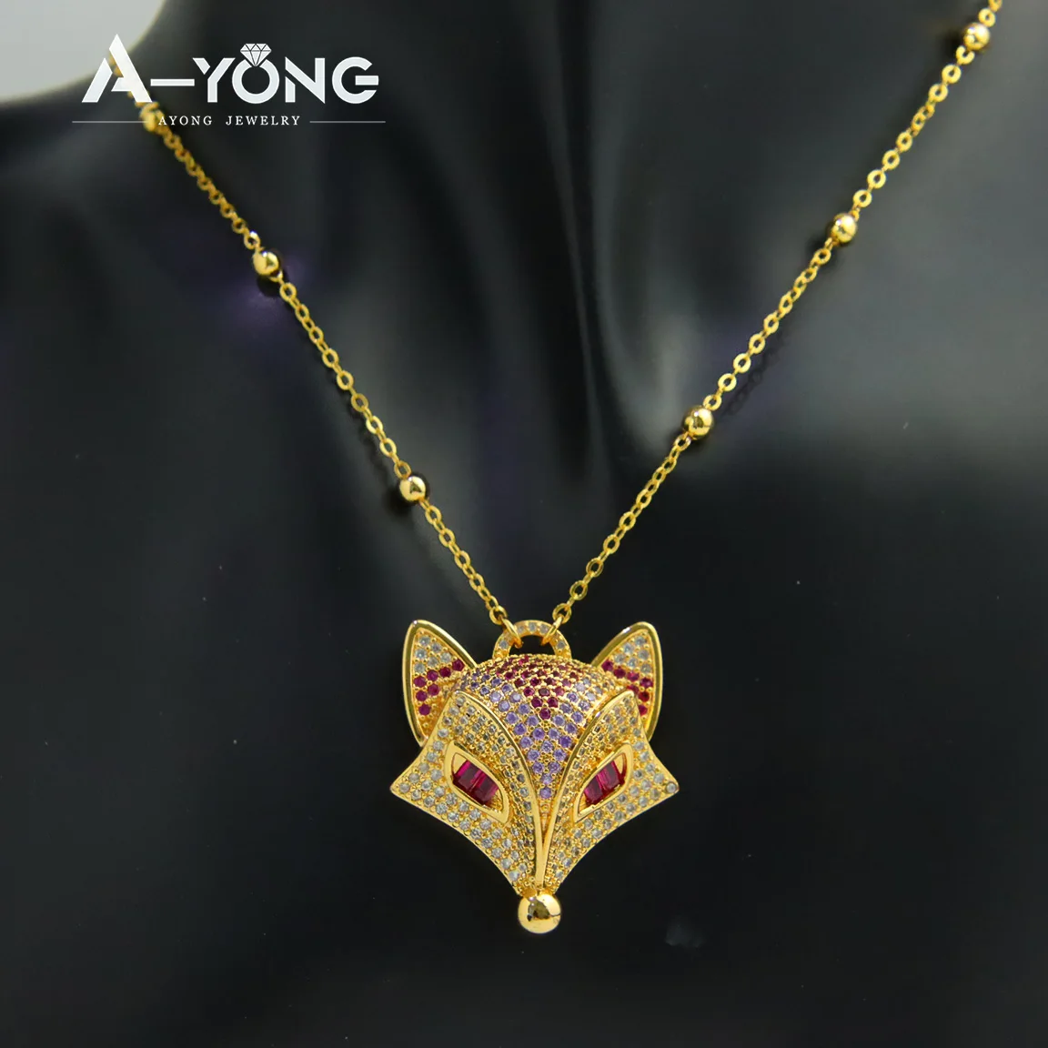 Luxus Dubai vergoldet Füchse Halskette 21k Gold Farbe italienischen Zirkon Mode Tiere Halsreifen Oman Frauen Event Party Schmuck – Detail 4
