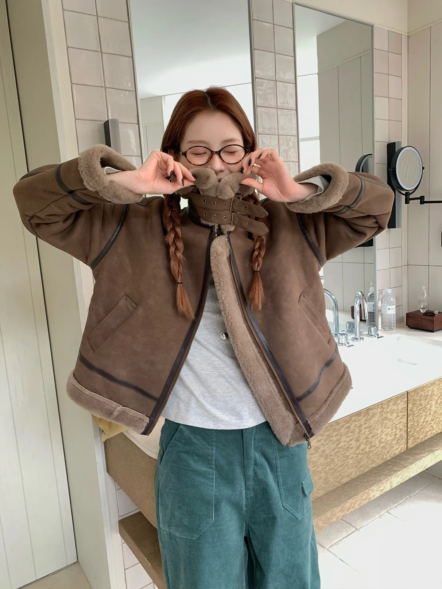 

COK Thi Warm Fur Leather Motorcycle Jaet Women's Autumn Winter Mocha Brown Cool Sweet ort Coat Casual Loose Fit