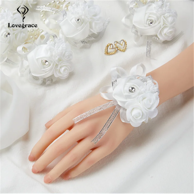 Borgonha da dama de honra meninas pulso corsage branco seda rosa pulso flores mulheres pérola pulseira flores para festa de casamento mão flor