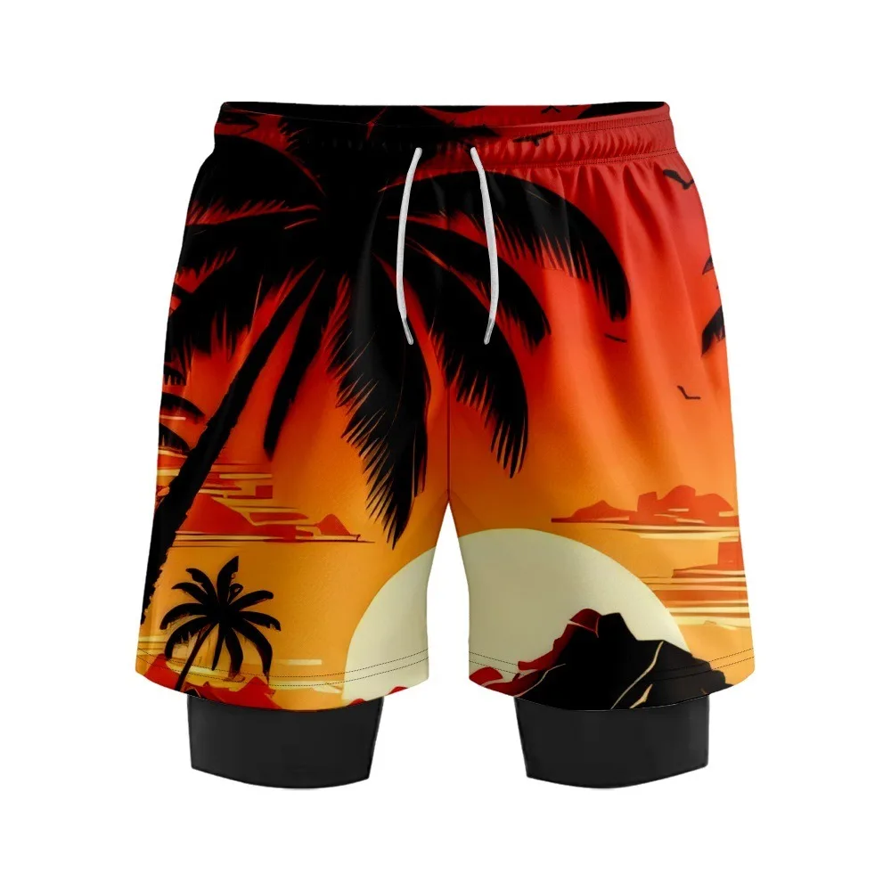 섬 코코넛 나무 일몰 프린트 비치 반바지 압축 라이너 수영복이있는 남성용 수영 트렁크 빠른 건조 가랑이 수영복