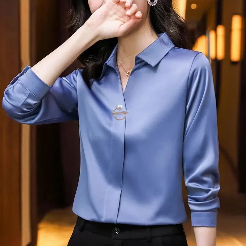 2024 New Spring and Autumn Commuter Minimalist Long Sleeve Chiffon Blouses Solid Color Polo Collar Button Women\'s Shirt Top