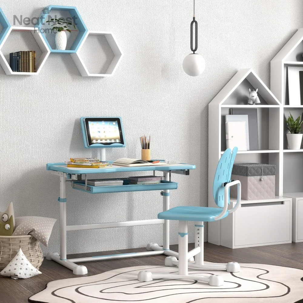

Height Adjustable Kids Study Desk and Chair Set with Tilt Desktop,Storage Drawer & Book Stand for Writing,Reading, Drawing,Blue
