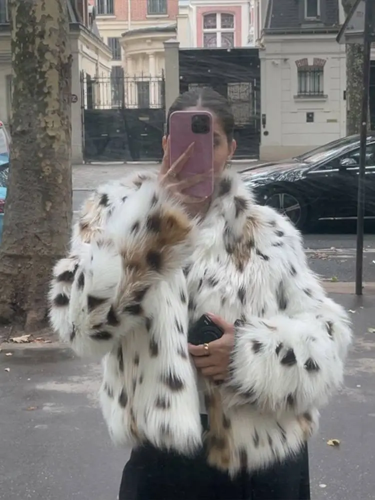 Fashion Leopard Print Fluffy Faux Fur Coat For Women Loose Long Sleeve Lapel Short Jacket Luxury Thick High Street Outerwear