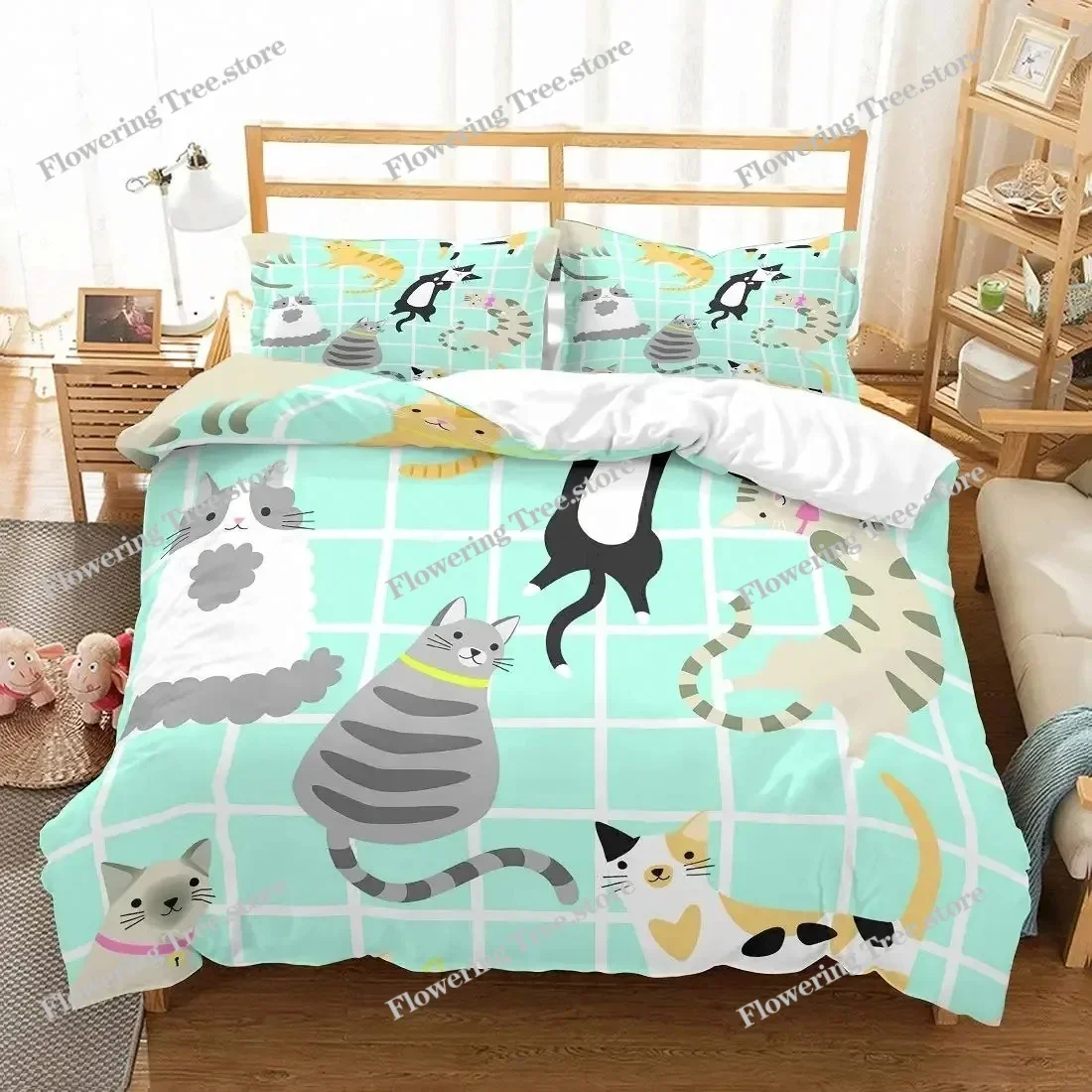 3D Kids Cats Bedding Set Twin Size Green Cartoon Cats Bedding Set for Kids Boys Girls Animal Theme Cute Kitten Pattern 2