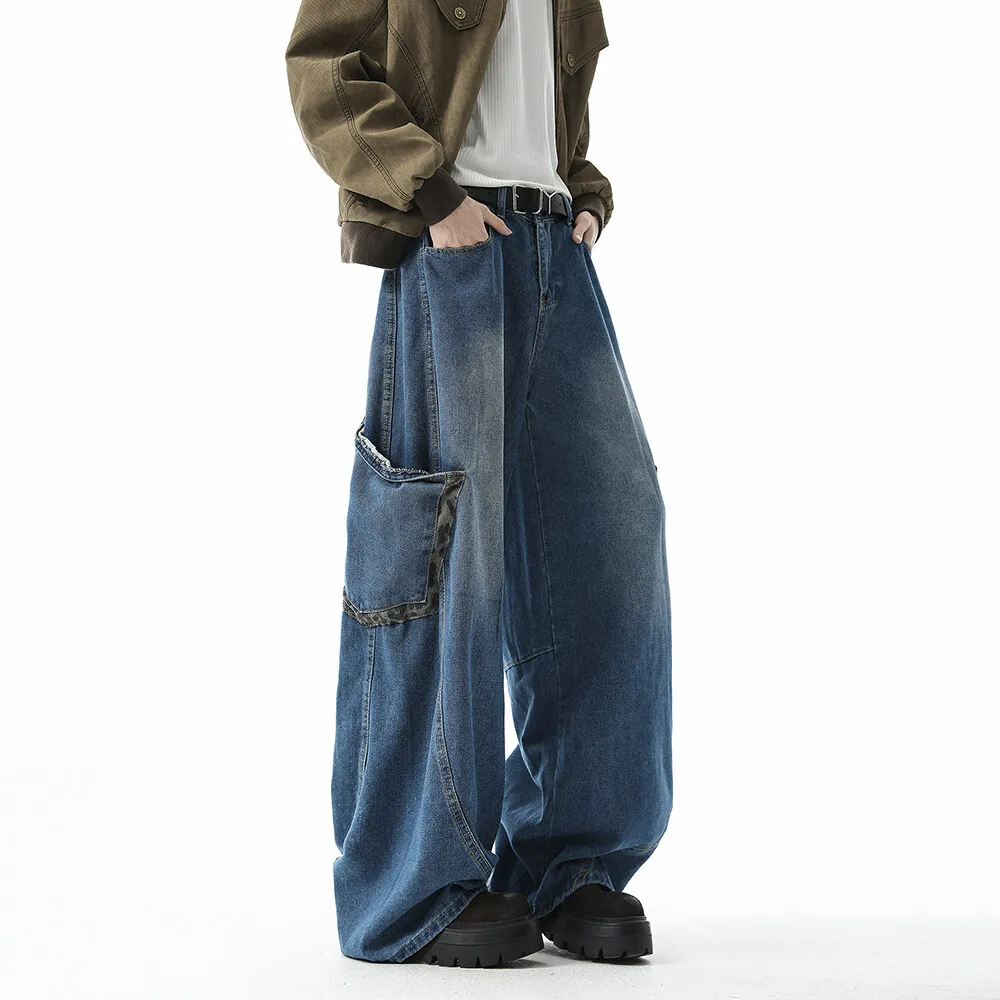 Mannen gewassen losse wijde pijpen jeans patchwork zijzakken streetwear casual denim broek mode trendy comfort vintage noodlijdende