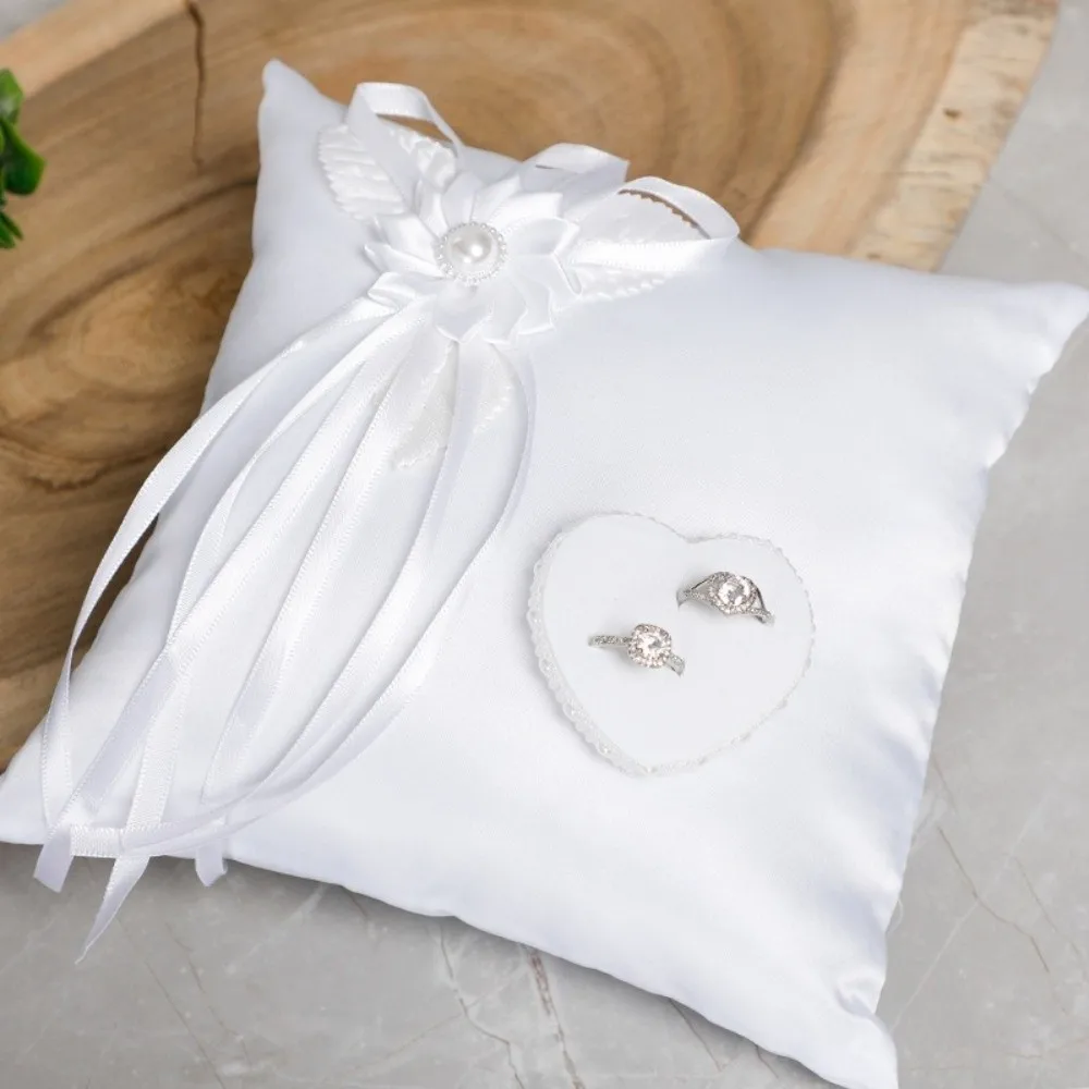 Polyester Wedding Ring Pillow Handmade Heart Shaped Decor Bridal Ring Cushion Camellia Detail Ribbon Decoration