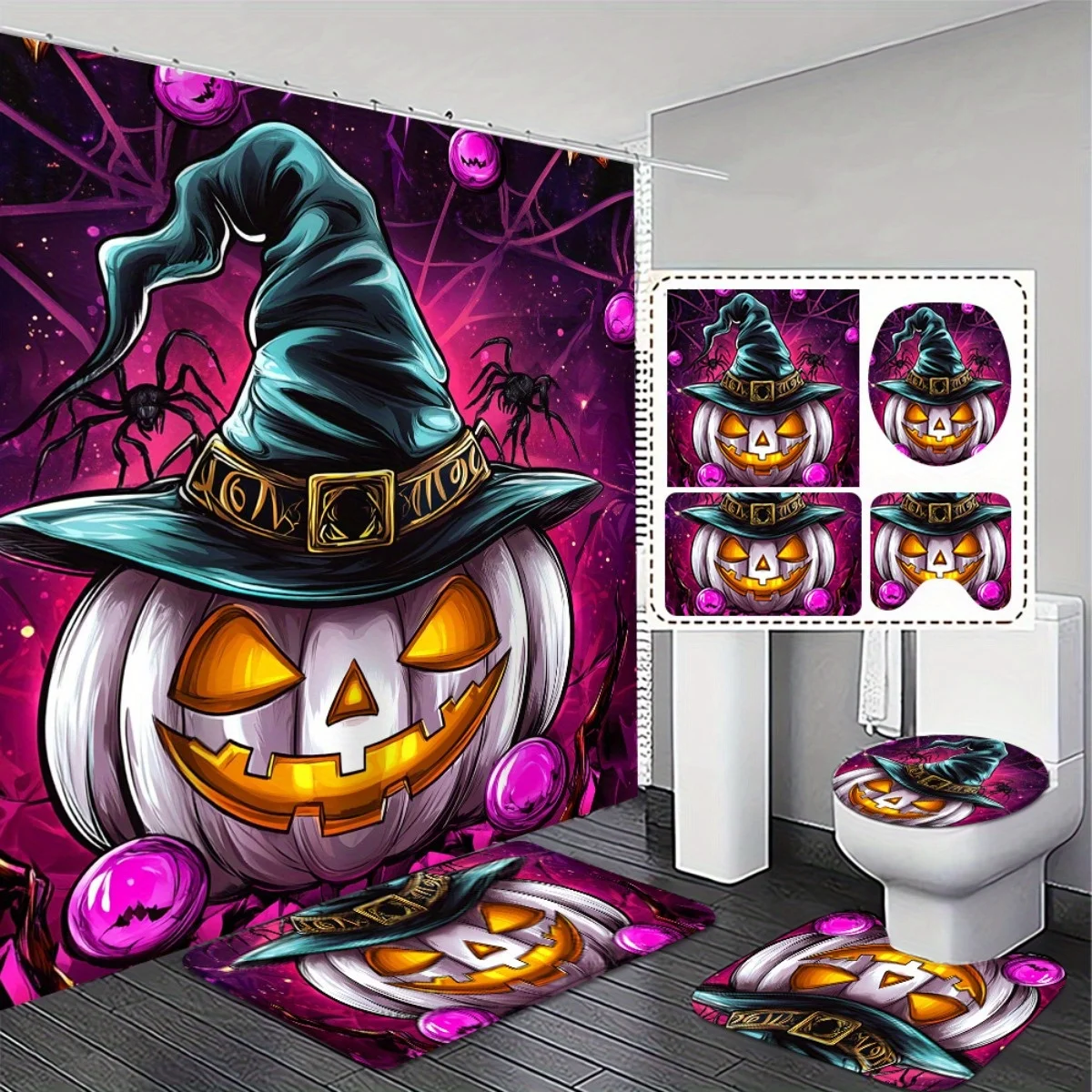 

4 шт., подарок на Хэллоуин, тканевый набор занавесок для душа для ванной комнаты с нескользящим ковриком и чехлом для унитаза, шляпа ведьмы с тыквой, дизайн фиолетового цвета