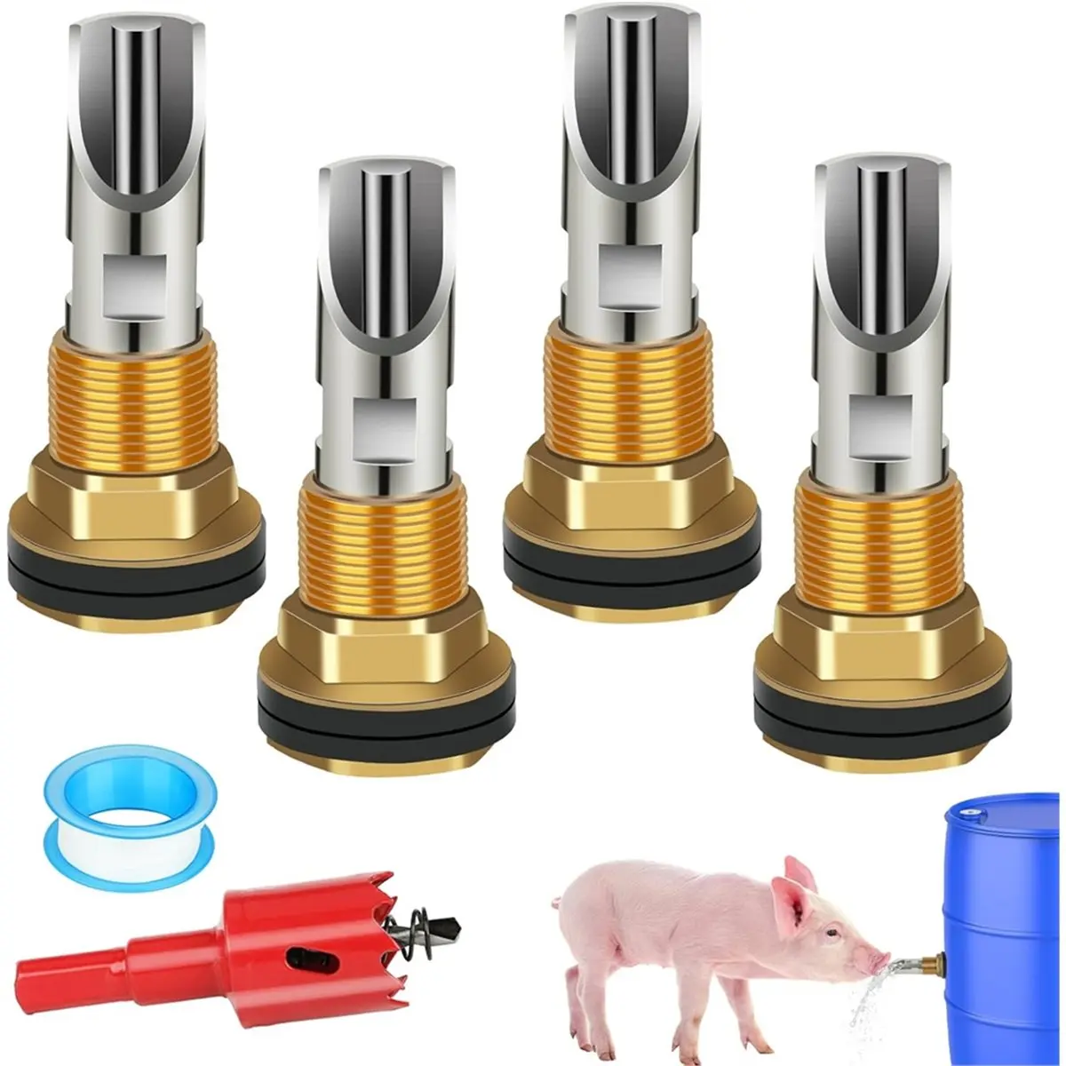 A64K 4PCS Pig Waterer Nipple, Automatic Pig Nipple Water Drinker with Brass Water Tank Connectors Kit for Piglets Drinking