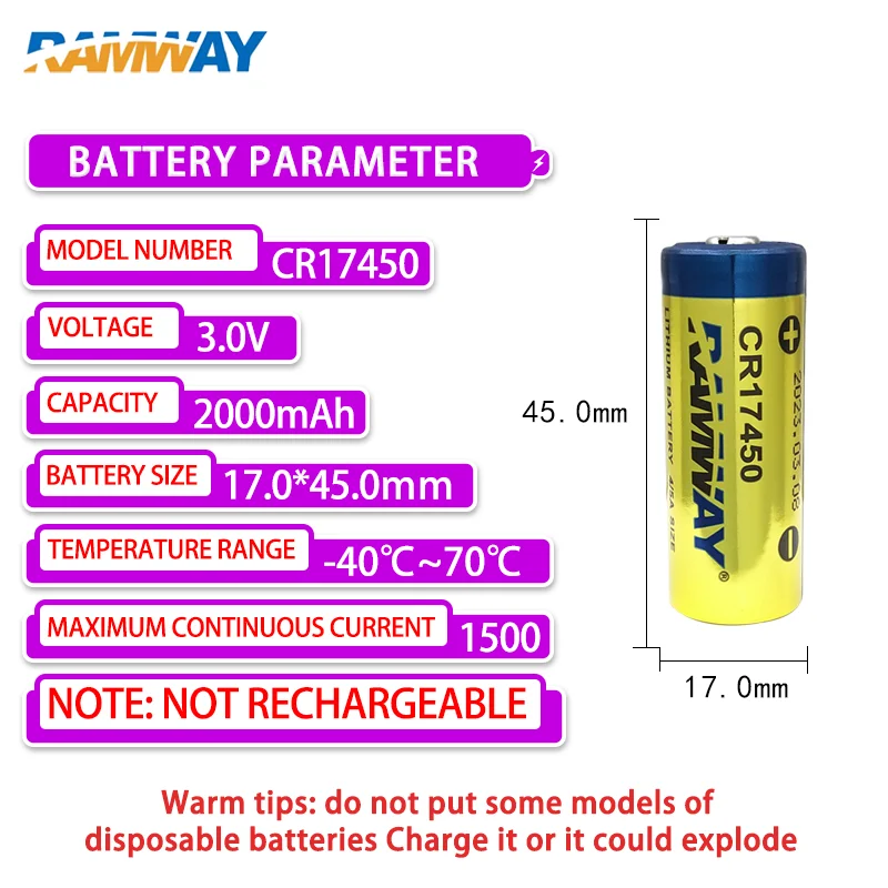 RAMWAY CR17450 Add PH2.0-2P Plug 3.0V Disposable Lithium Manganese Battery Smoke Detector Intelligent Prepaid Water Meter GPS