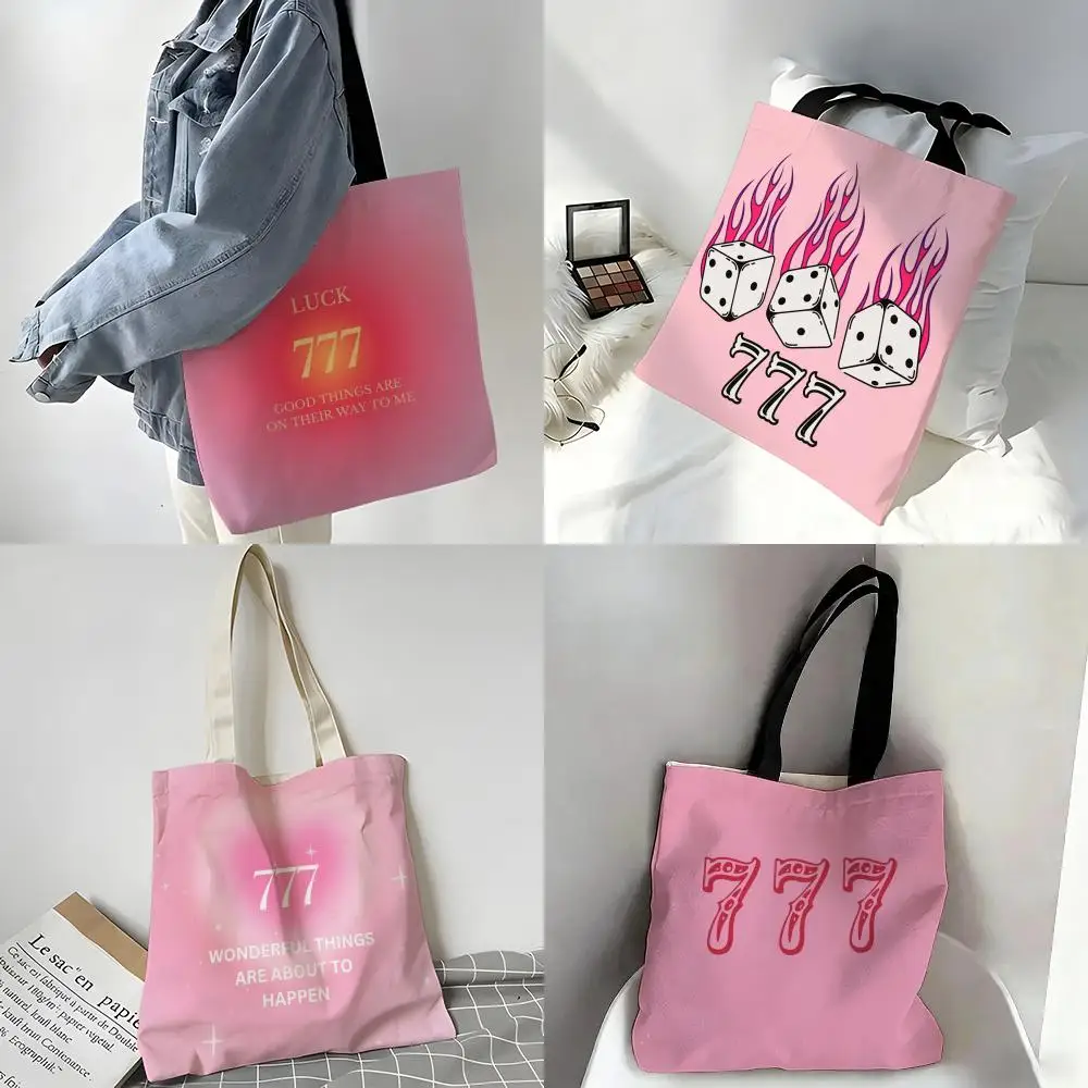 Storage Bags Canvas Tote Bag - Festive Large Capacity Handbag for Picnic Travel Shopping Fashion Pink Number Iucky 7