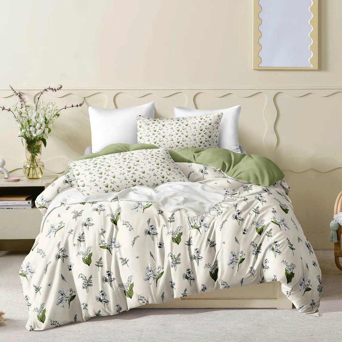 Pea Green Duvet Cover Set Soft Microfiber Reversible Bedding Set with 2Pack Pillowcases Cute White Flower Quilt Cover