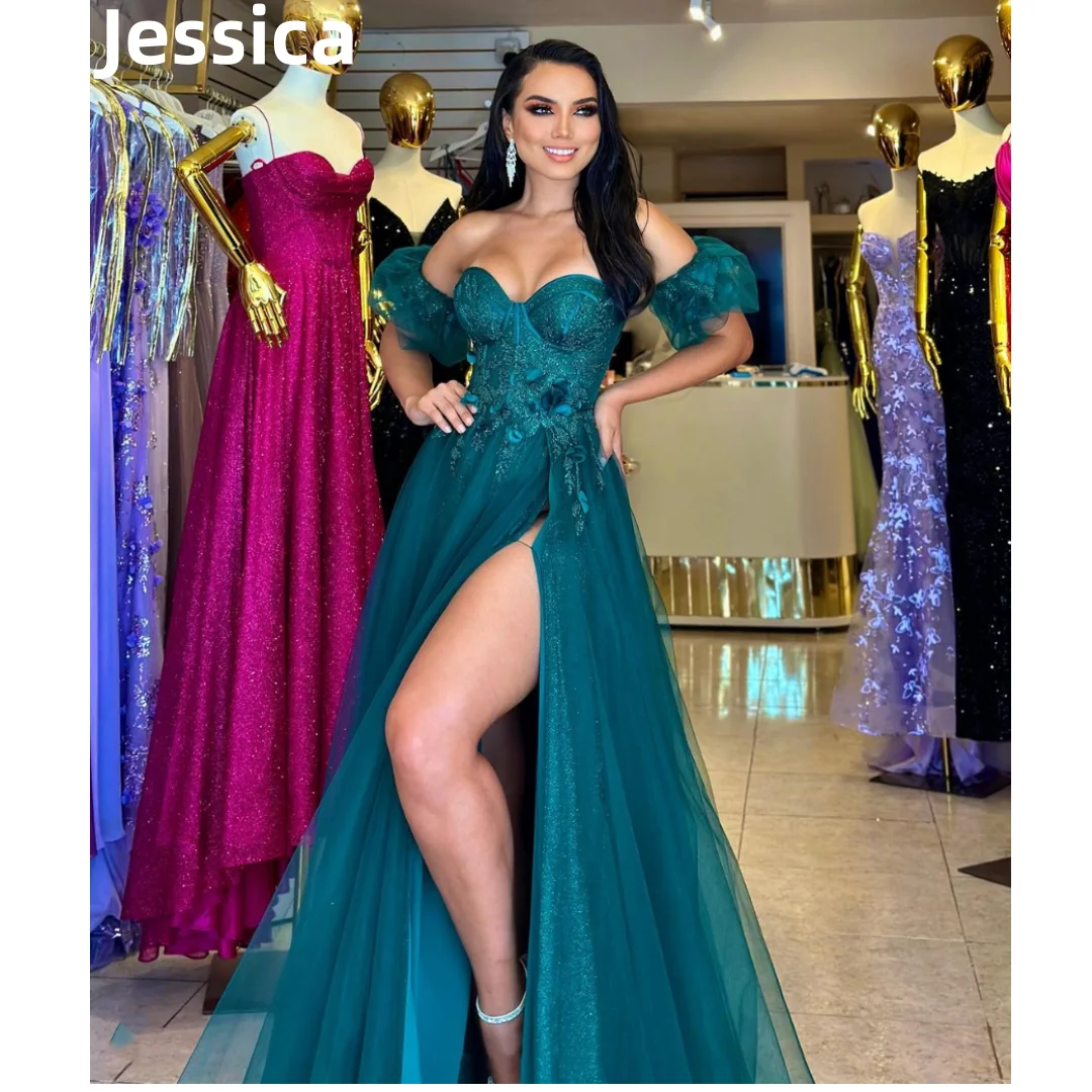 Jessica-Vestidos De tul con purpurina verde, vestido De fiesta con corsé Floral 3D, vestido De fiesta en forma De A, vestido De Noche personalizado,