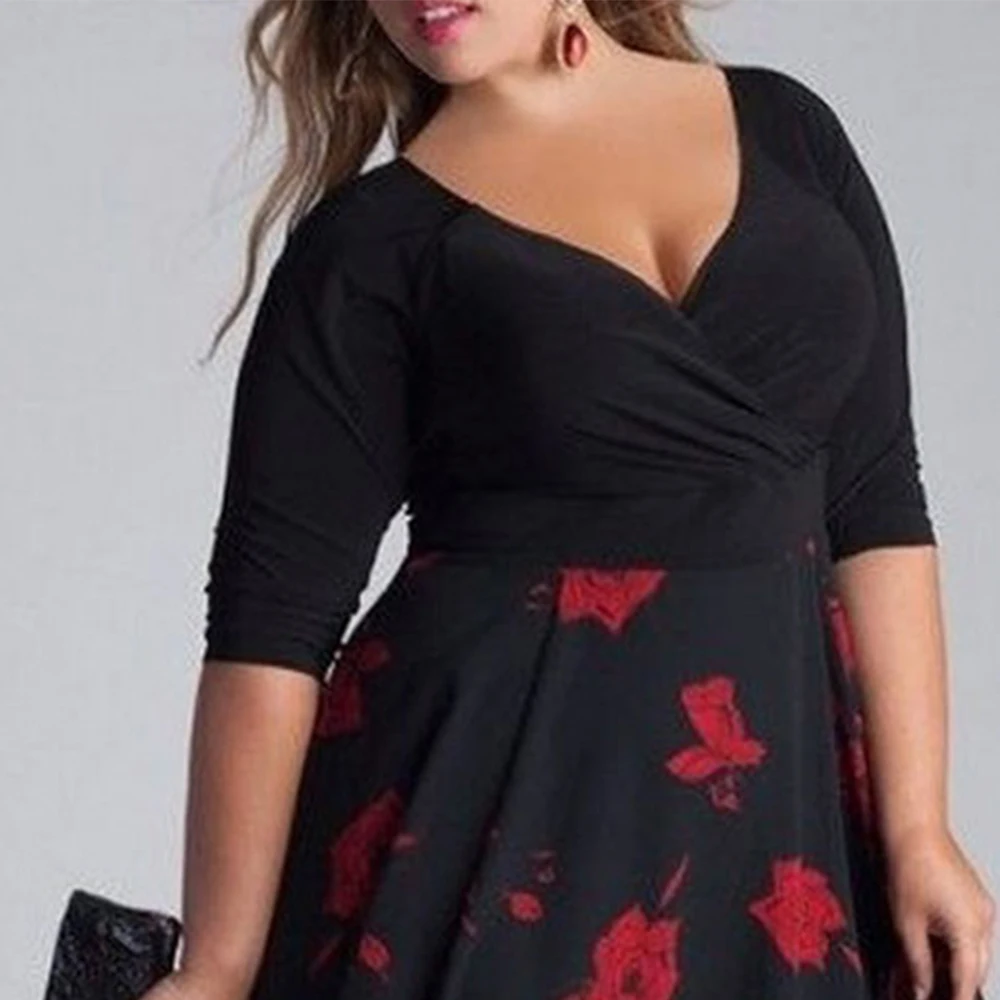 L-5XL Plus Size damskie gotycka sukienka letnie eleganckie dekolt w szpic z nadrukiem szyfonowa, zszywana pół rękawa sukienka trapezowa wakacyjnych