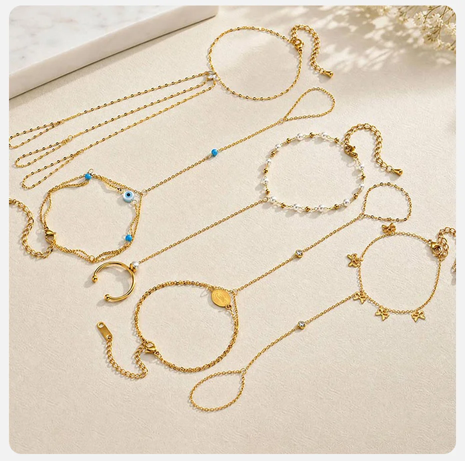 VNOX Elegante Vergoldete Handkette mit Imitationsperlen-Armband für Damen, Trendige Schleife, Türkis-Charms, Fingerarmbänder, Boho-Schmuck – Detail 6