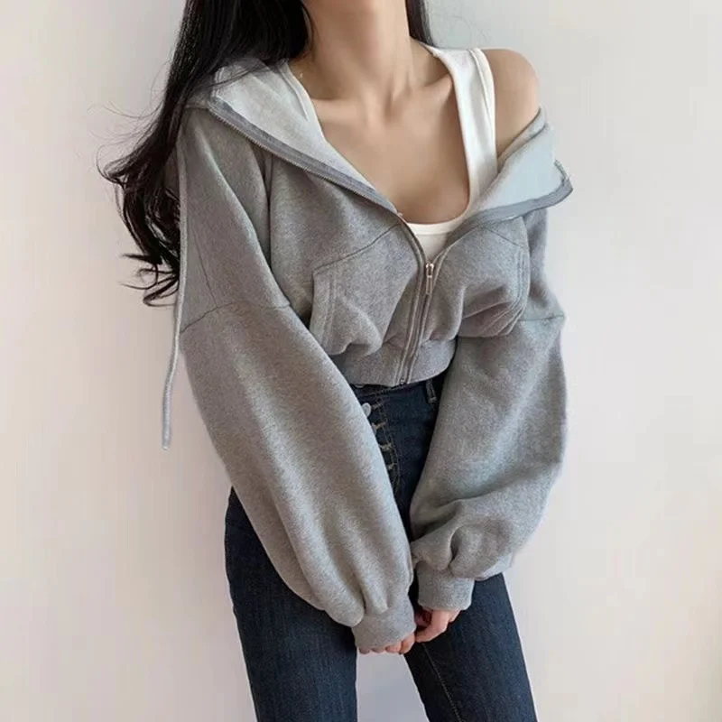 Casual Short hooded Sweatshirt Women Y2K Zip Up Hoodies Harajuku Long Sleeve Tops Oversized Crop Top Female Loose Jackets Coat