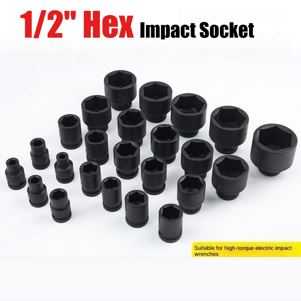 Heavy Duty 1/2' Drive Hex Impact Socket Shallow Metric Sockets for Impact Driver High Torque CR-MO Tools for Auto Repair