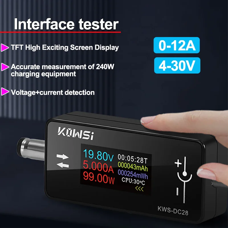 

DC28 12A Цифровой вольтметр Амперметр TFT Цветной дисплей Ваттметр Тестер зарядки 4-30 В Совместим со всеми видами портами устройства постоянного тока