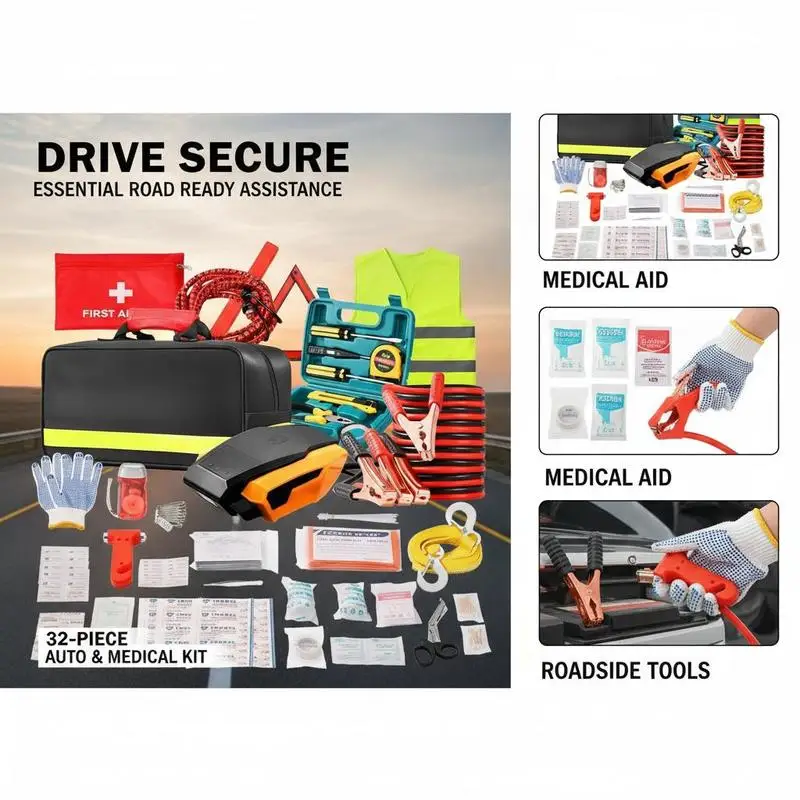 Vehicle Safety Toolbox 32-Piece For Roadside Assistance Travel Home, Jumper Cables Emergency Gear Medical Supplies Compact Storage Case view 5