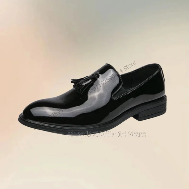 

Black Patent Leather Tassels Decor Men Shoes Fashion Slip On Male Shoes Luxurious Handmade Party Banquet Office Men Dress Shoes