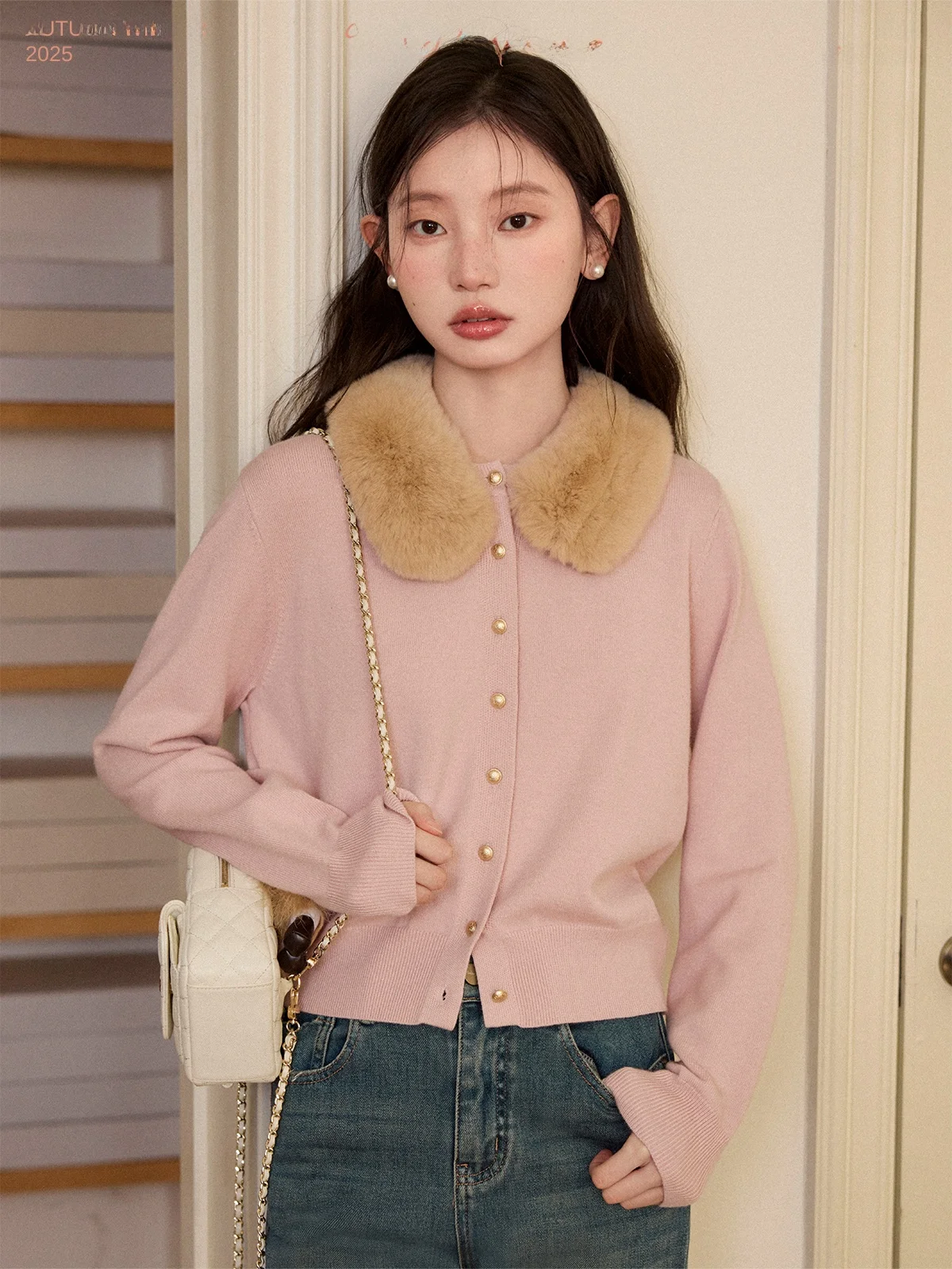 

Cloud Lover Squirrel Miss Sweet Soft Warm Detachable Fur Collar Comfortable Skin-friendly Thi Winter Women's Knitted Cardigan
