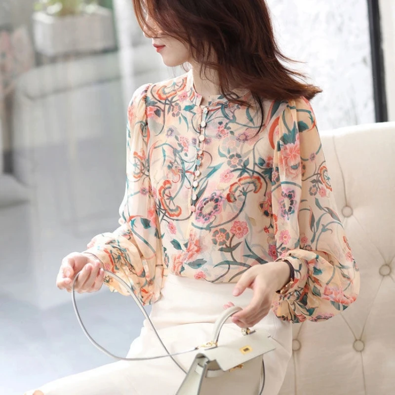 Thin Floral Loose Elegant Long Sleeve Blouse Spring Autumn Print All-match Vintage Shirt Tops Fashion Temperament Women Clothing