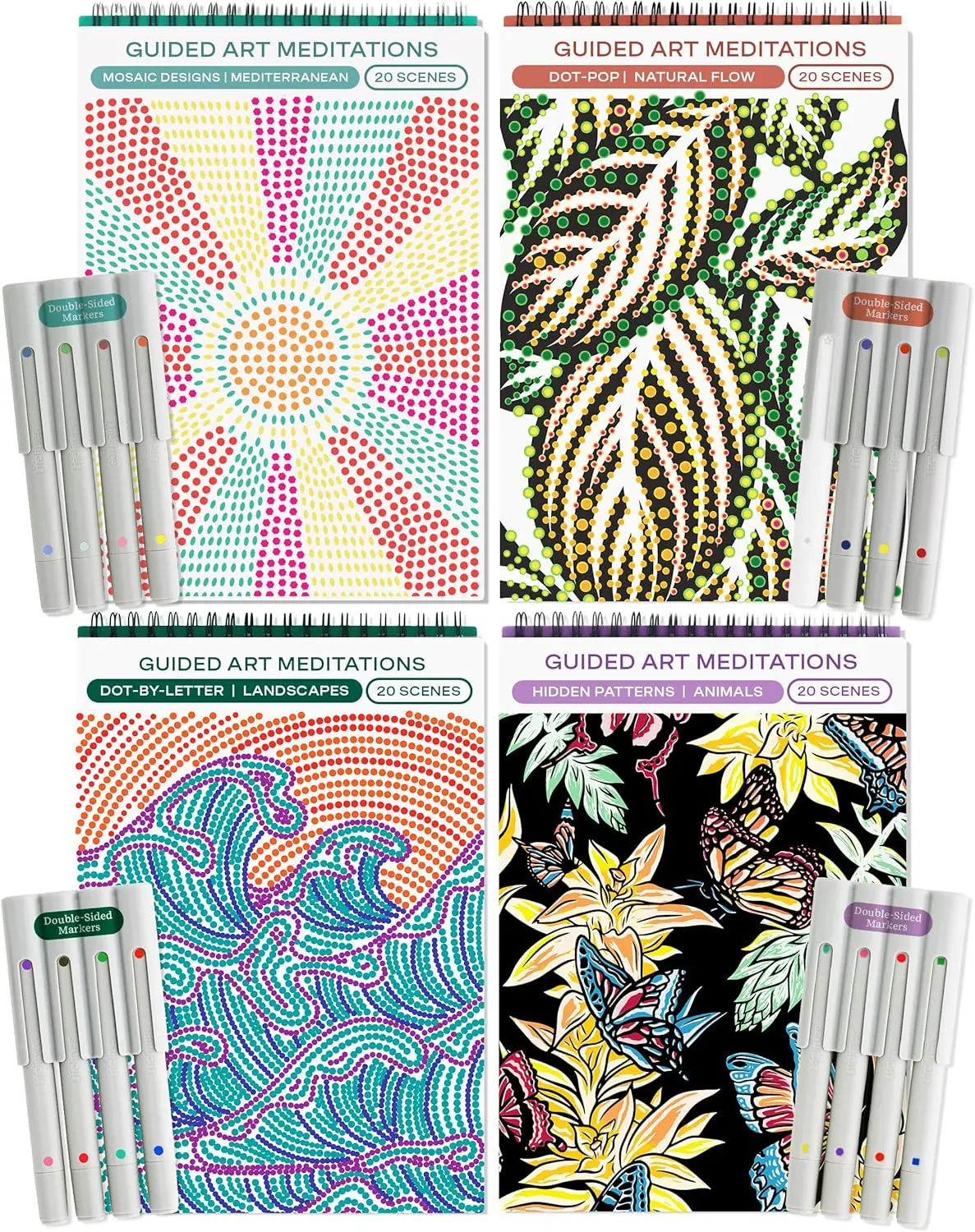 

FlowArt Activity Pads, 4-Pack with Markers - Color by Number, Dot Art for Tweens, Adults & Seniors