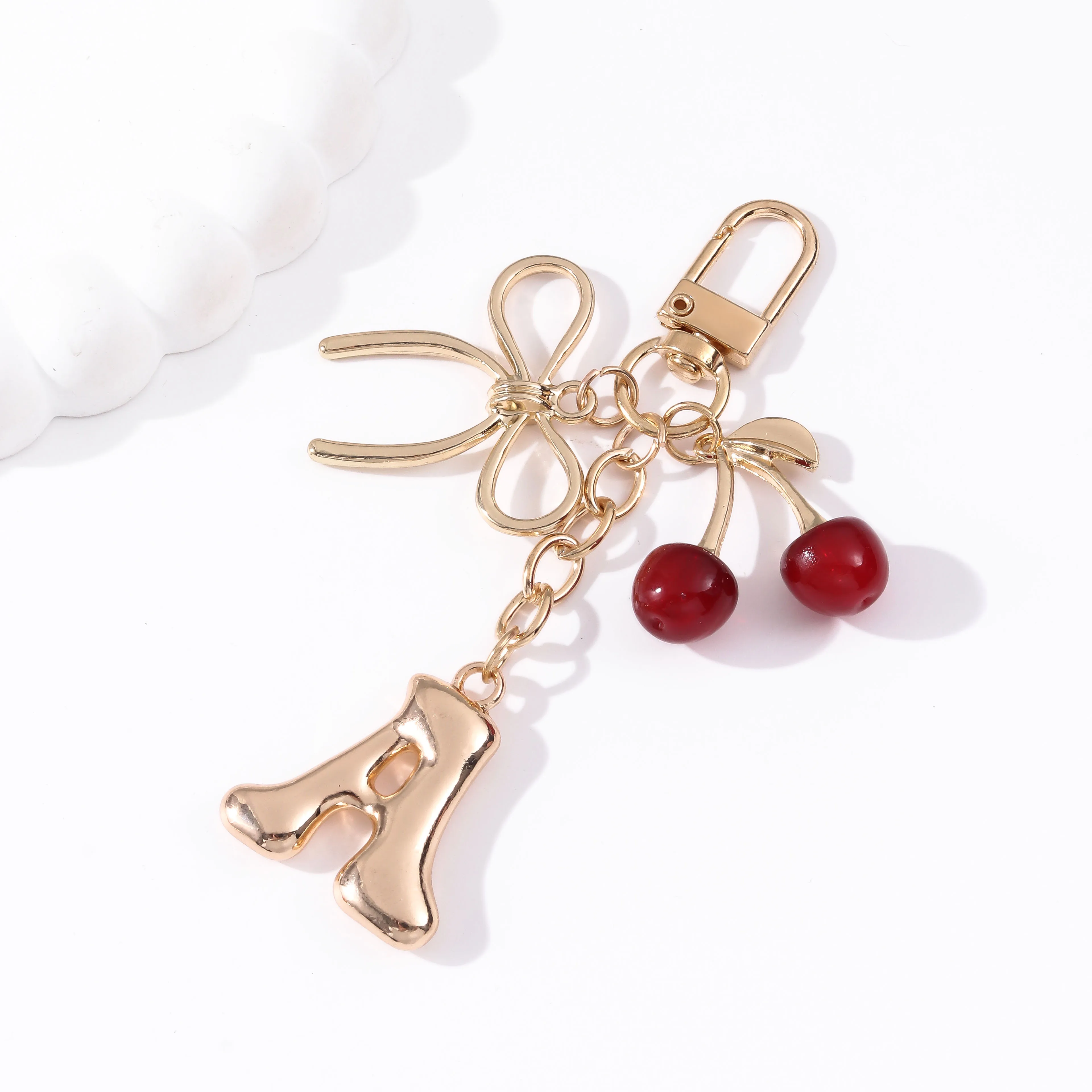 1pc Exquisite Multi Color Cherry Bow Capital Letter Alloy Keychain DIY Pretty Bag Accessories Key Ring Jewelry Gifts for Women